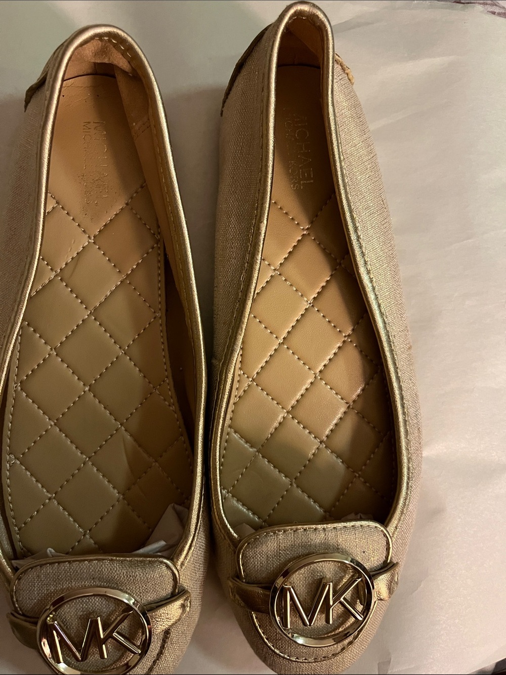 Michael Kors Metallic Gold MK Logo Quilted Ballet Flats